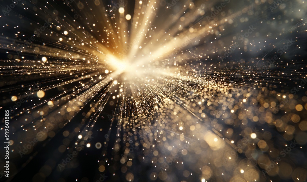 Poster metallic threads woven into a shimmering, abstract starburst pattern, combining texture and light fo