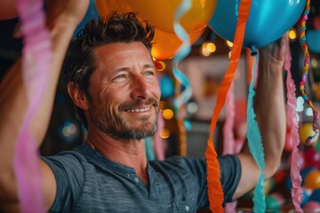 Obraz premium Happy man smiling with balloons and streamers at a celebration.
