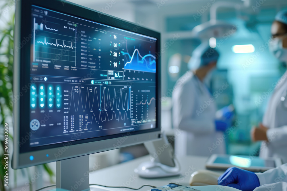 Poster medical professionals in a modern lab analyzing patient data on computer screens with advanced softw