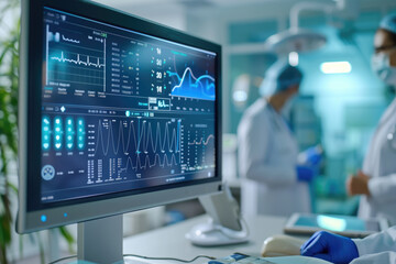 Fototapeta premium Medical professionals in a modern lab analyzing patient data on computer screens with advanced software. Concepts of healthcare technology, diagnostics, and medical research.