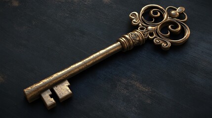 Ornate golden key on dark background.