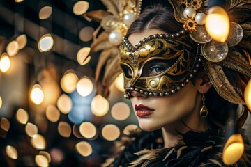 The Venetian Carnival. Close-up of a woman in an ornate carnival mask. Bright colors convey an atmosphere of celebration and luxury.