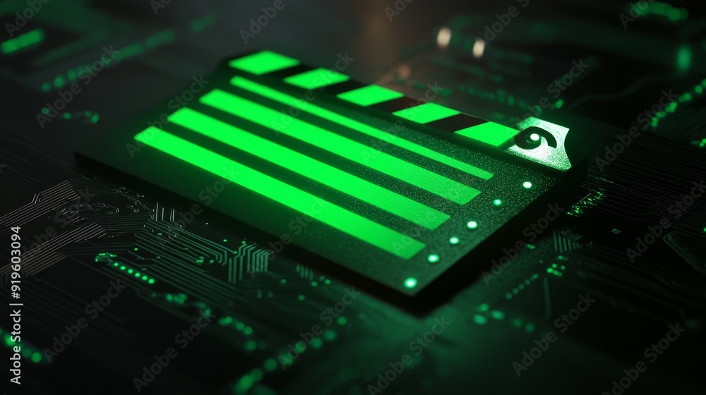 Poster the movie symbol is represented by neon lights on a black background and a high tech floor. 3d rende