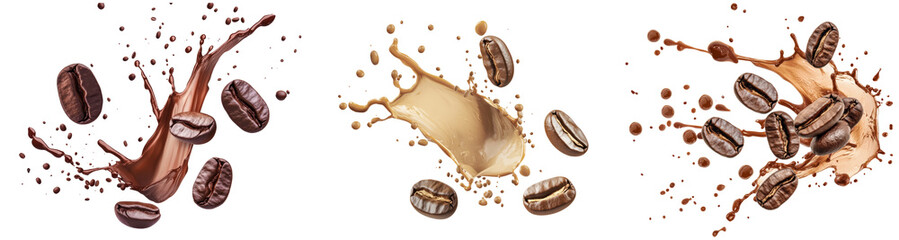 Coffee beans with a splash of coffee isolated on transparent background