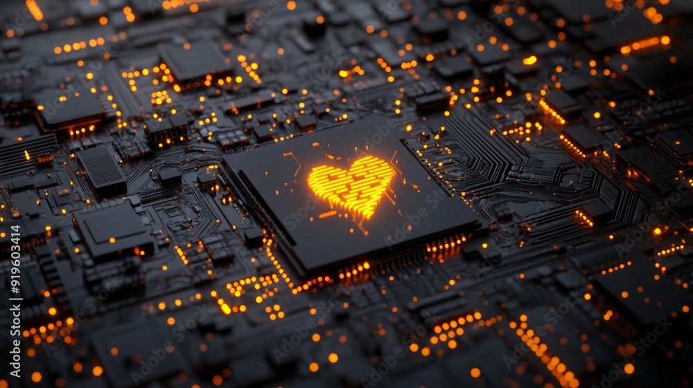 Poster a microchip shows a user symbol. data flows from the cpu to a futuristic motherboard in 3d.