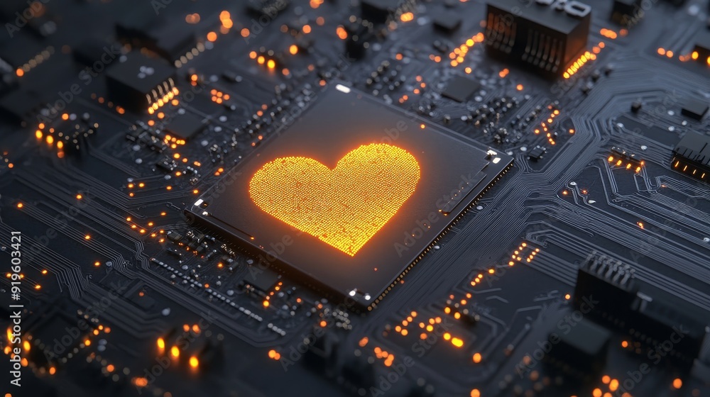 Poster concept of a social technology chip with a user symbol. a futuristic motherboard transmits data.