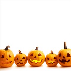 halloween banner template with pumpkins with scary faces. border frame with white copy space background. horizontal halloween empty greeting card or advertising mockup