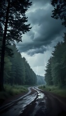 Obraz premium Lightning in the forest, dark clouds in the dark old forest