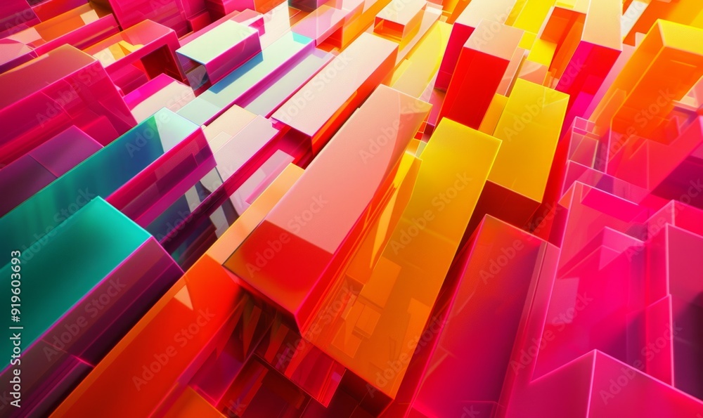 Poster multicolored tech background with a geometric 3d structure. vibrant, stepped design with extruded fu