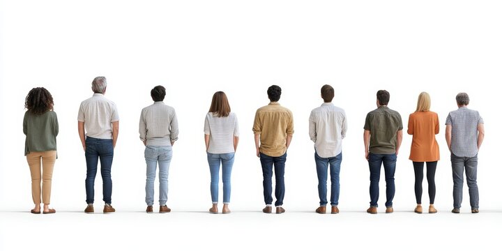 front and back view of same group of people on white background, Generative AI