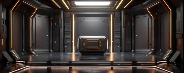 Futuristic interior design with sleek, modern lines, metallic surfaces, and glowing lights.  Perfect for sci fi or tech themed projects.