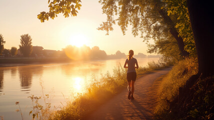 A young woman jogging along a scenic riverside path at sunrise with the sun casting a golden glow on the water, symbolizing health, fitness and the beauty of an active lifestyle