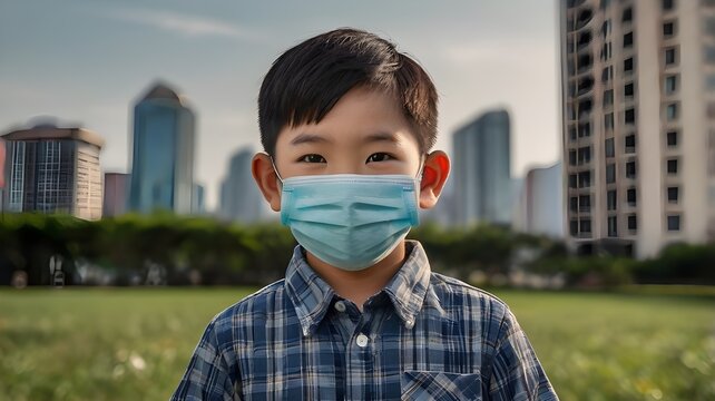 asian boy wearing a facemark, protection from virus 