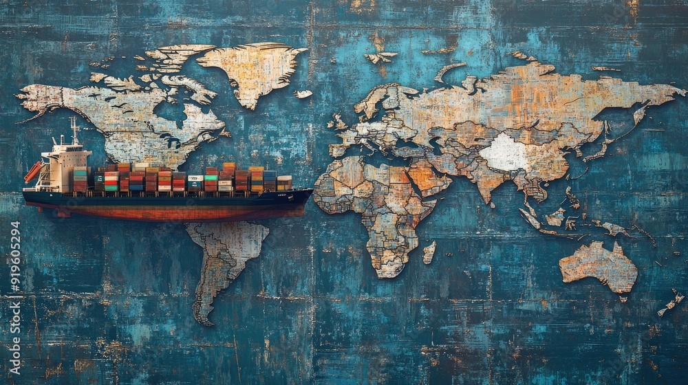 Poster Conceptual image of cargo ships and a world map intertwined, emphasizing global commerce and the interconnectedness of trade routes.