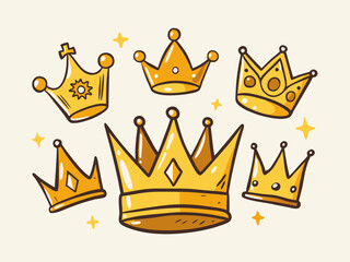 Hand drawn golden crowns. Graffiti style regal doodles, royal crown and luxury corona symbol vector icons set. Isolated royal accessories, different elegant precious elements, majestic objects
