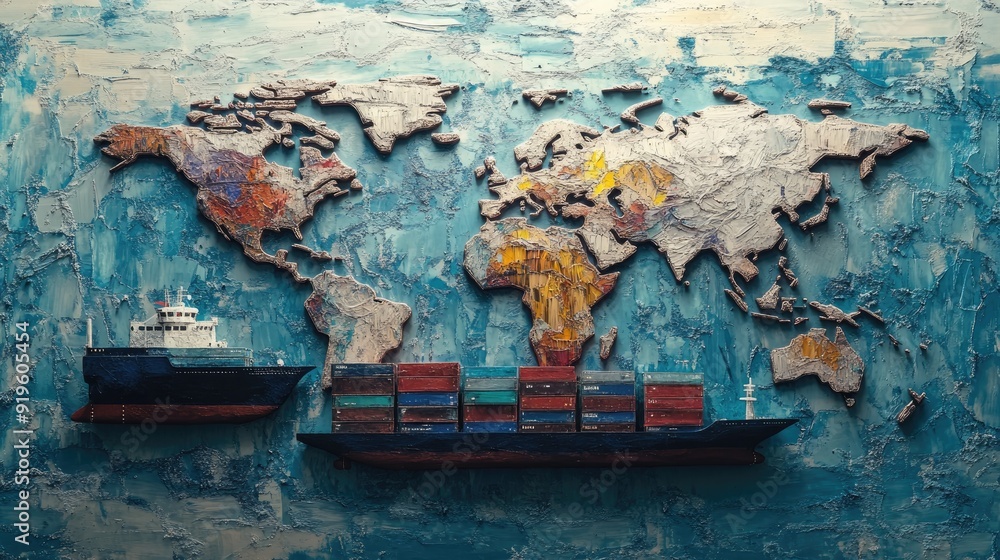 Aufkleber conceptual image of cargo ships and a world map intertwined, emphasizing global commerce and the int