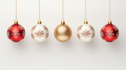 Obraz premium Five Christmas ornaments hanging on white background.