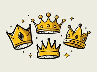 Fototapeta premium Vector Icons Set of Hand-Drawn Golden Crowns, Graffiti-Inspired Regal Doodles, Isolated Luxury Symbols, Elegant Royal Accessories and Majestic Elements.