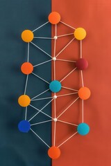 Colorful network concept with connected circles on contrasting blue and orange background. Abstract representation of connectivity and structure.