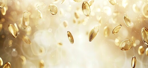 Abstract background with golden ovals falling on white blurred background. Golden ovals are glossy and reflecting light. Great for backgrounds, website design, or presentations.