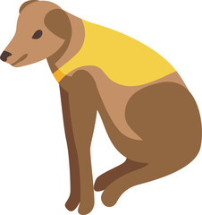 Brown and white dog wearing a yellow vest is sitting waiting patiently