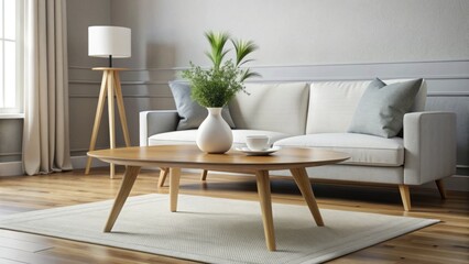 Sleek, minimalist wooden coffee table with tapered legs and pure white ceramic vase, showcasing simplicity and functionality in Nordic-inspired modern living room decor.