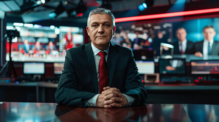 Fototapeta premium News anchor sitting at a desk in a broadcasting studio with colleagues working in the background, in a blurred portrait
