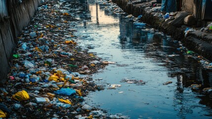 Dirty river choked with rubbish, highlighting the severe impact of human waste on water flow and the environment.