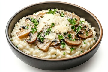 Mushroom risotto with parmesan and parsley isolated on a white, top view