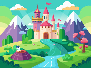 Fairy castle landscape. Cartoon magic rose palace on greem hill. Fantasy medieval kingdom tower. Fairytale fantasy background with royal princess castle. Vector illustration
