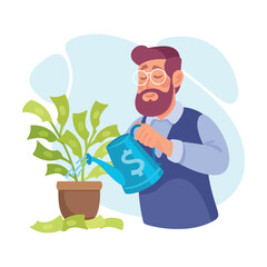Rich Bearded Man Character water Tree in Pot with Green Money Banknotes Vector Illustration