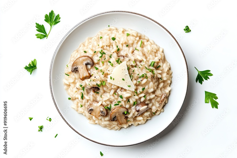 Wall mural Mushroom risotto with parmesan and parsley isolated on a white, top view