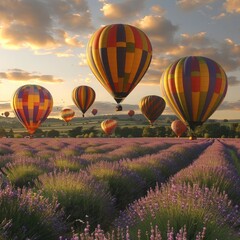 Obraz premium Witness hot air balloons soaring over a lavender field lit by the vibrant hues of sunrise