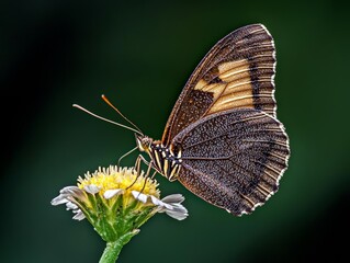 Obraz premium A close-up of a butterfly resting on a flower, its wings glistening with morning dew