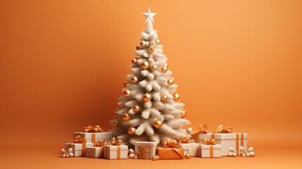 White Christmas tree with gold ornaments and presents on orange background.