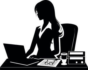 Office girl working on her desk with PC or laptop silhouette illustration black and white design vector	
