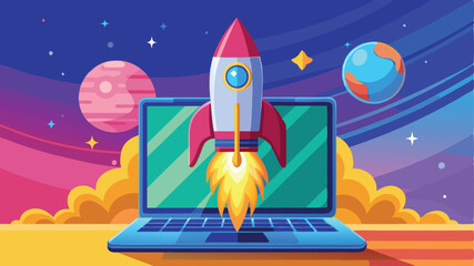 Rocket coming out of laptop screen, blue background. AI digital illustration