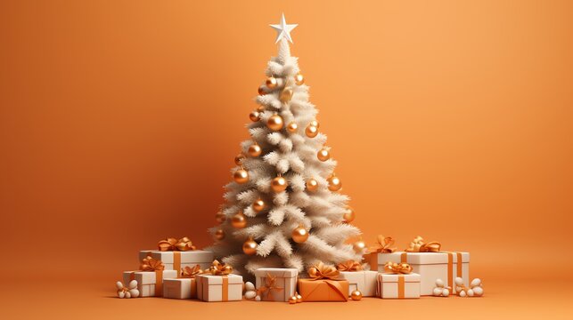 White Christmas tree with gold ornaments and presents on orange background.