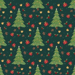 Merry Christmas and Happy New Year seamless background. Modern pattern with minimalist Christmas icons. Trendy design for banner, card, cover, poster, advertising, wallpaper, packaging.