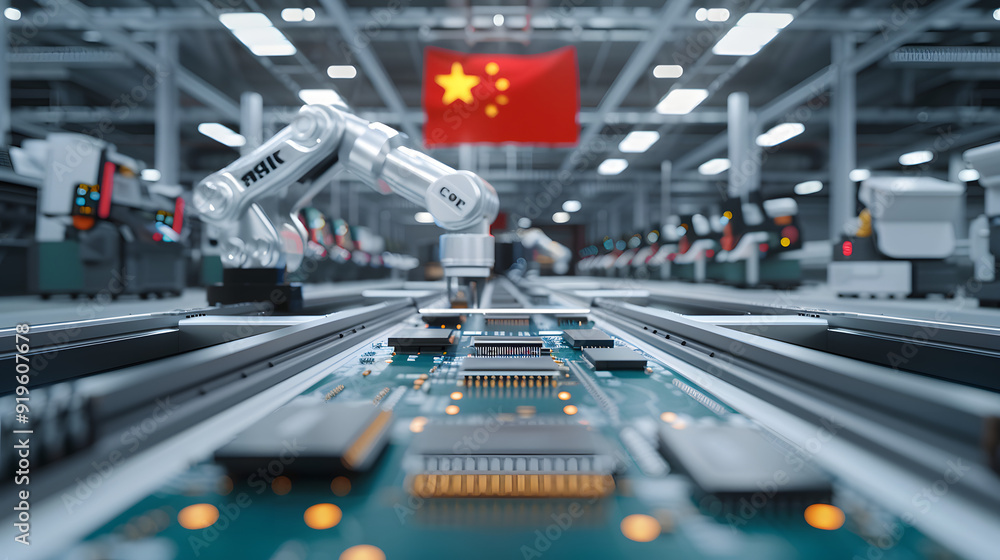 Poster a high-tech electronics factory featuring robotic arms and automated systems, symbolizing advanced m