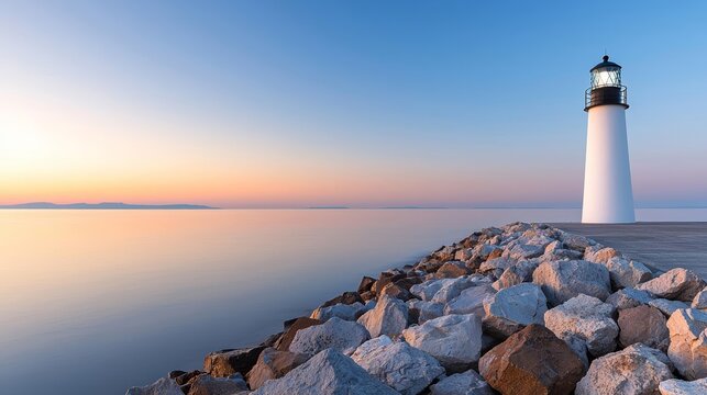 A serene image of a lighthouse on a rocky shore at sunrise