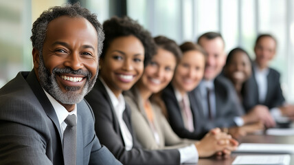 Fototapeta premium A diverse group of corporate professionals in a modern office setting, all smiling and engaged in a collaborative discussion around a conference table, symbolizing teamwork and success