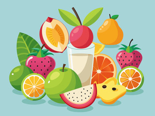 Juicy fruits splatter. Citrus orange and lemon, organic apple, pomegranate and dragon fruit juices. Sweet pear, peach and banana smoothie vector set. Vitamin vegan yoghurt or smoothie
