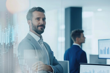 Confident businessman in a modern office with financial graphs overlay. Represents leadership, finance, and professional success in a corporate environment.