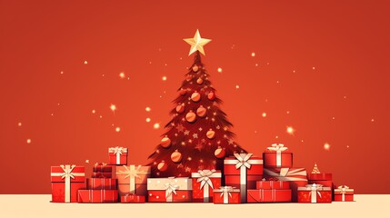 Obraz premium Red Christmas tree with gold star and ornaments, surrounded by presents