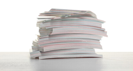 Stack of business cards on table against white background