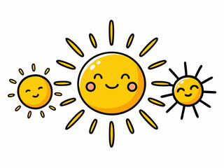 Cute sun. Hand drawn doodle yellow summer suns. Vector icons with sun rays isolated on white background
