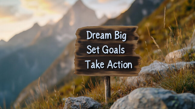 dream big , set goals, take action on wooden board with mountain landscape on background 