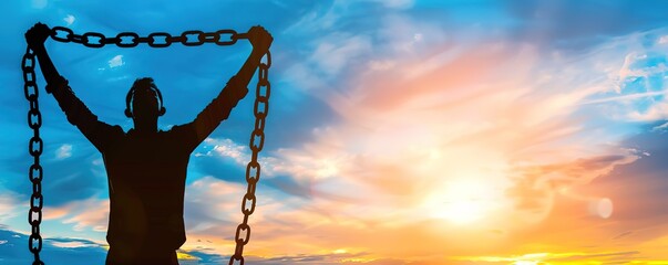 Silhouette of a man breaking free from chains against a colorful sky. Concept of overcoming obstacles, freedom, and hope.