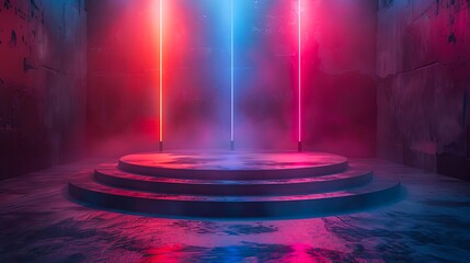A futuristic stage with vibrant neon lights and a foggy atmosphere, perfect for event promotions, music concerts, or tech-themed presentations,